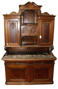 Victorian Renaissance Revival Marble Top Sideboard: Victorian Renaissance Revival marble-top side board, having two sections and with key, top 57" x 58" x 18", bottom 33" x 60" x 29".