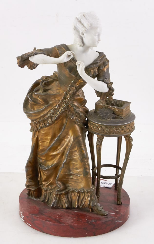 19thC French Bronzed Metal and Porcelain Woman: 19th century French bronzed metal woman having porcelain head and arms, 14" x 7 1/2". Provenance: Southern Connecticut collection.