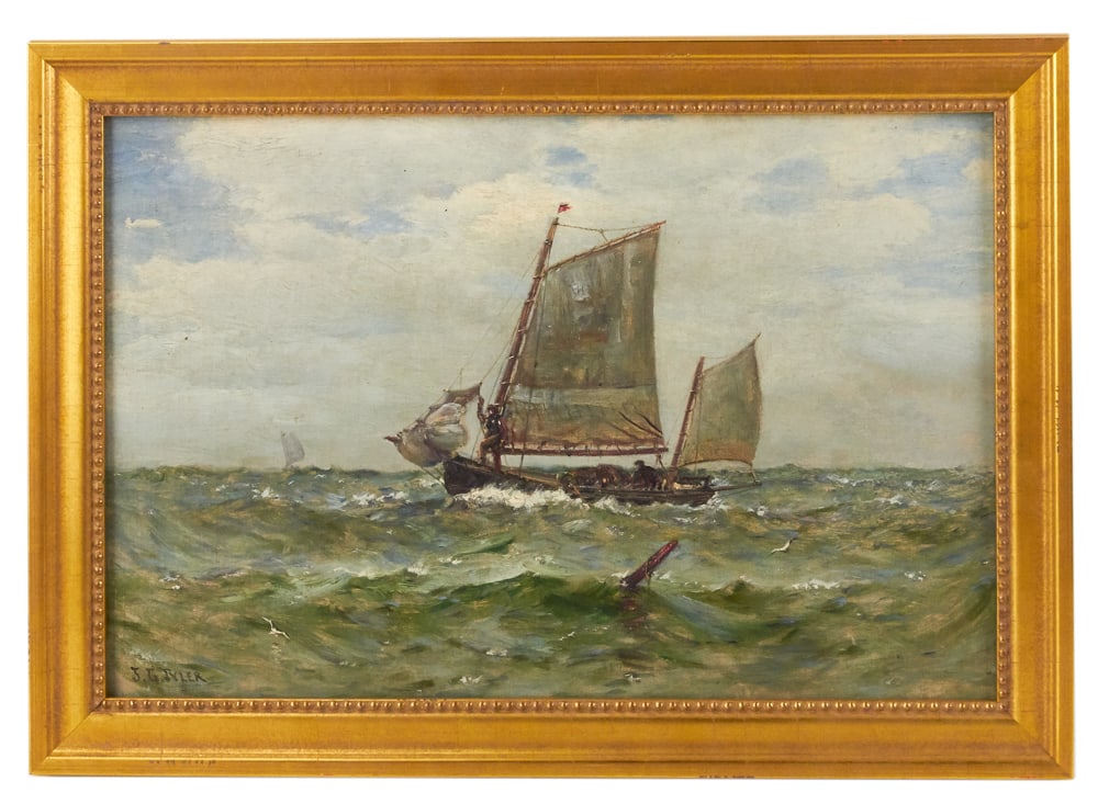 J.G. Tyler, Sailboat, Oil on Canvas: J. G. Tyler, sailboat, oil on canvas, signed L/R, 12" x 18", framed 14 1/2" x 22". Provenance: Balboa Island, California collection.
