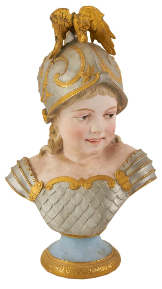 19thC French Bisque Boy with Helmet: 19th century French bisque boy with helmet, 17" x 10". Provenance: Southern Connecticut collection.