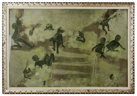 Hope Brooks Meryman, Tree House, Woodcut: Hope Brooks Meryman (1931-1975), "Tree House", woodcut print on rice paper, signed in pencil, marked artist proof, circa 1960, 23" x 35", framed 27" x 38 1/2". Provenance: Topsfield, Massachusetts col