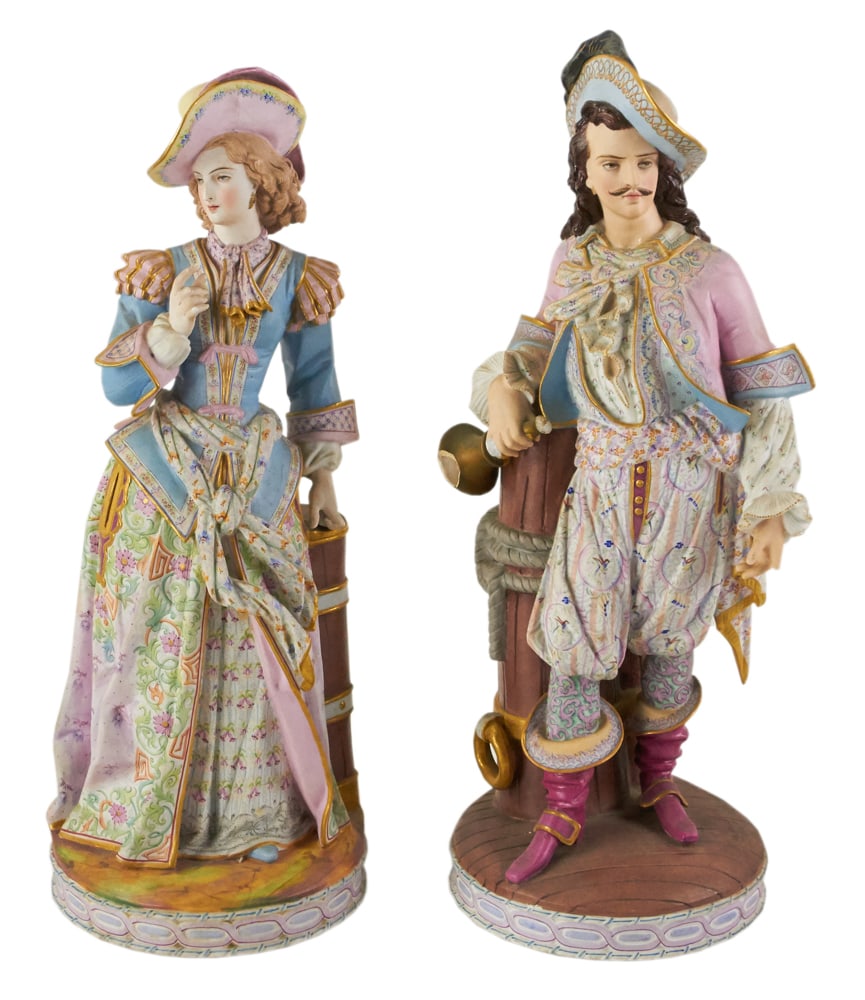 Pair of 19thC French Hand-Painted Bisque Figures: Pair of 19th century French hand-painted bisque figures, 18" x 7". Provenance: Southern Connecticut collection.