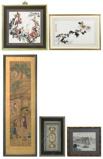 19th/20thC Chinese Prints with Embroidery: Group of (5) 19th/20th century Chinese prints with embroidery piece, largest 40" x 13". Provenance: Beverly, Massachusetts collection.