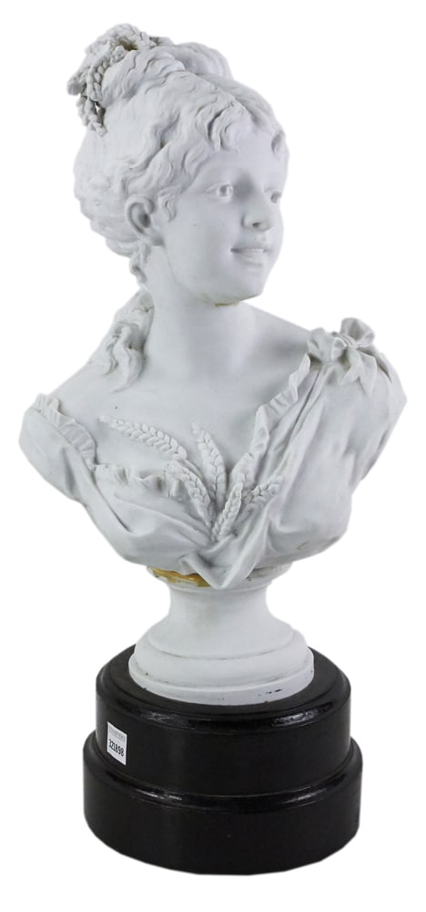 19thC French Bisque Figure on Wood Base: 19th century French bisque figure, signed, on wood base, 23" x 11". Provenance: Palm Beach, Florida estate.