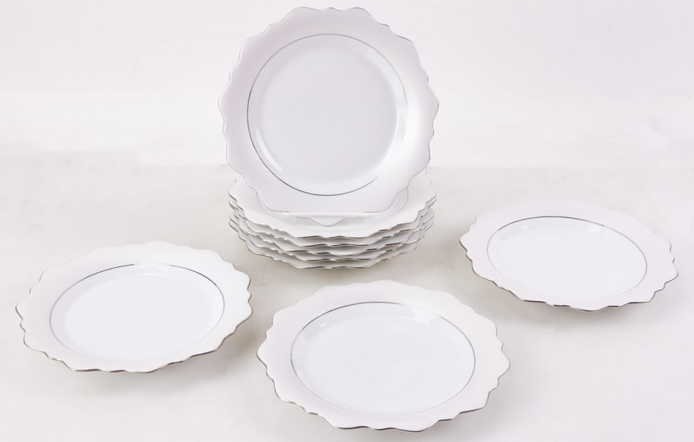 French Limoges J.L. Coquet "Samoa Platinum" Plates: French Limoges Jean Louis Coquet "Samoa Platinum" plates, 8" diameter, (9) total. Provenance: Palm Beach, Florida estate.