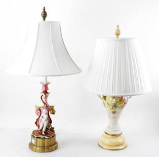 Two 19thC Porcelain Lamps: 19th century Paris porcelain candleholder as a lamp, 33" x 7", and 19th century porcelain vase with dragon handles as a lamp, 29" x 7". Lot of (2). Provenance: Plantation, Florida collection.