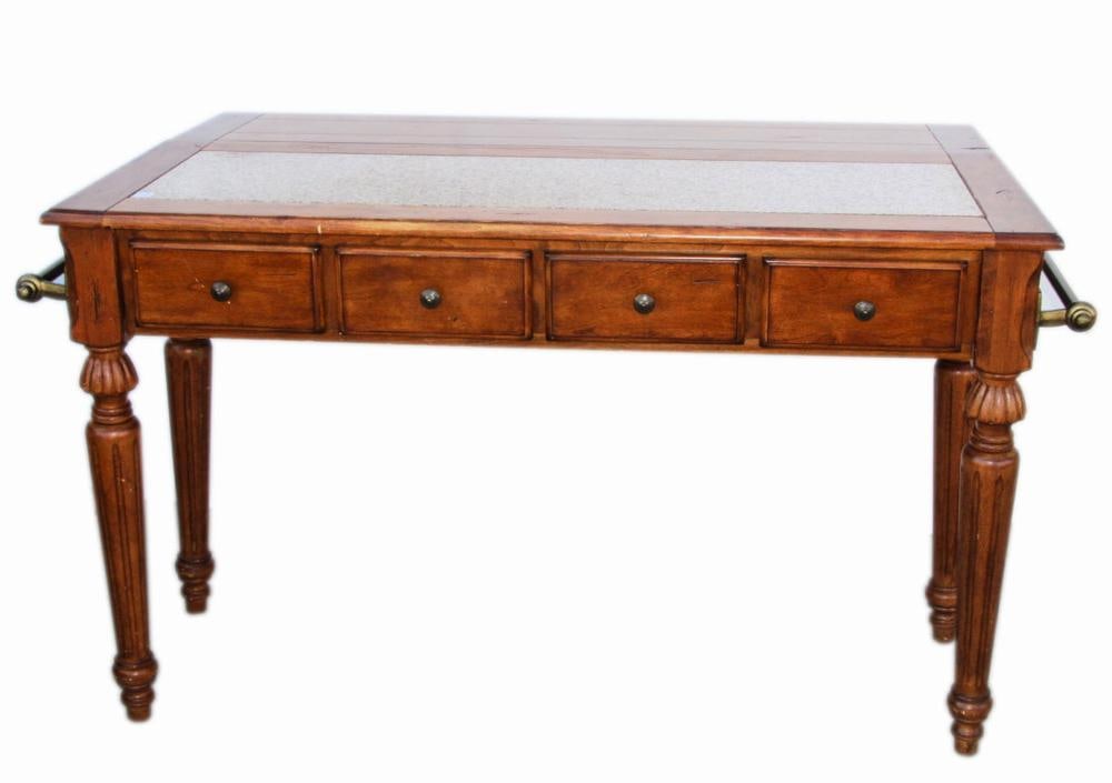 Serving Long Table with Granite Top: Serving long table with granite top, drawers, towel bars, 37" H x 59" W x 21" D, open 35". Provenance: Palm Beach, Florida estate.