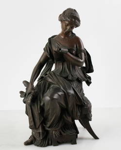 Patinated Bronze Sculpture of Seated Woman: Patinated bronze sculpture of woman seated on bench reading scroll, bird in hand, signed C. Buhot, 15" H x 8 3/4" W X 5 1/2" D. Good condition. Provenance: Southern Connecticut collection.