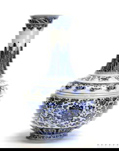Large Chinese Blue and White Bottle Vase: Painted in shades of cobalt blue with simulated "heaping and piling", the globular body with six large flower heads borne from meandering leafy scrolls above a petal-lappet border and below a trefoil
