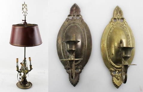 Brass Lamp and Pair of Brass Candle Sconces: Brass lamp, and pair of brass candle sconces. Provenance: Ogunquit, Maine collection.