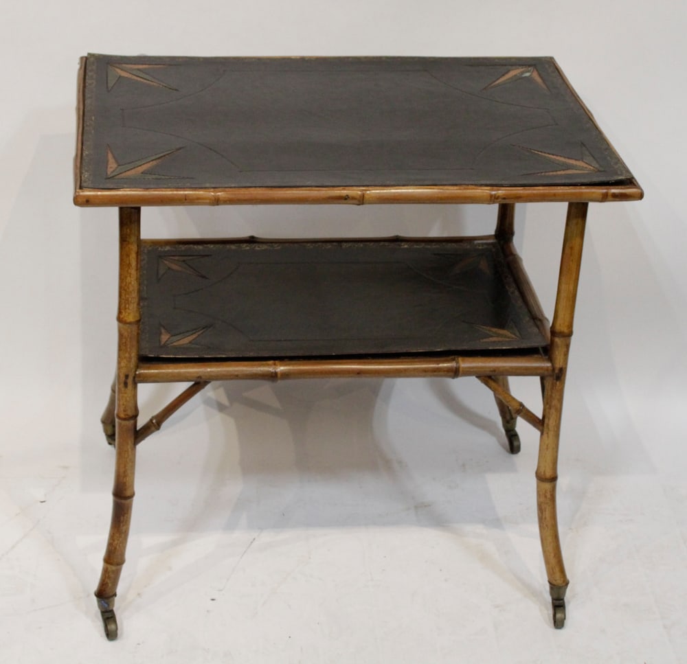 Antique Bamboo Table with Tooled Leather Top (1 of 7)