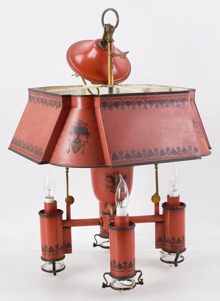 Vintage French Tole-decorated Chandelier: Vintage French tole-decorated coral-color and black hanging chandelier, 27" x 16" x 16". Carlos de la Puente Antiques, New York. Provenance: The Susie Hilfiger Collection.