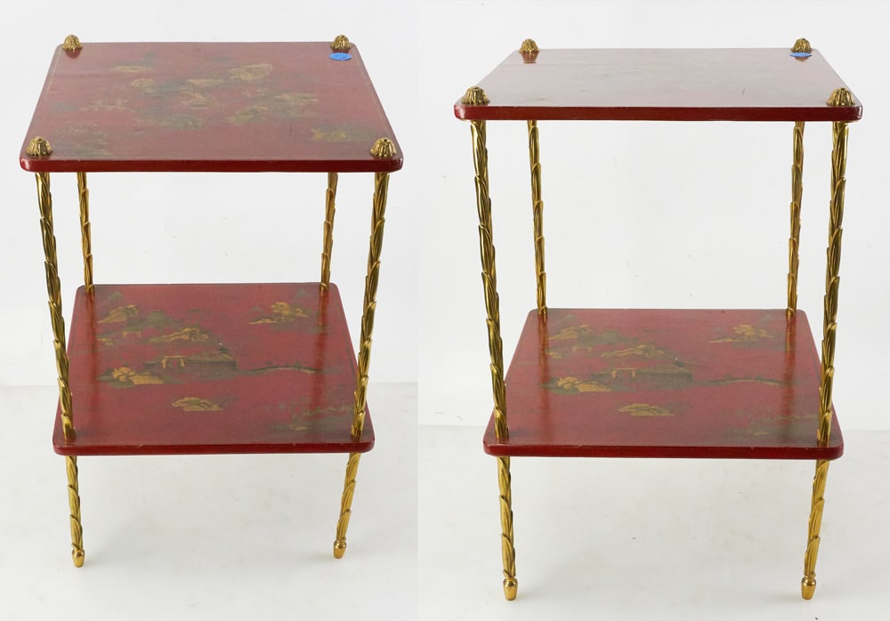 Pair of Chinoiserie Red Decorated Stands with Brass Legs: Pair of Chinoiserie red decorated stands having brass legs, 21" H x 14" W x 14" D. Provenance: The Susie Hilfiger Collection.