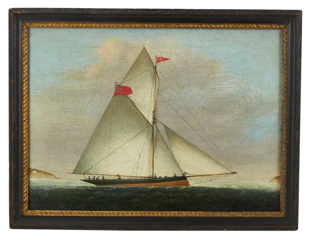 19thC China Trade, British Sailboat, Oil on Canvas (1 of 8)