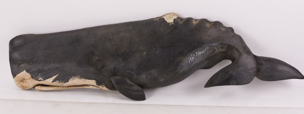 Whale Plaque, Carved and Painted, Nick Aherns: Whale plaque, carved and painted, signed Nick Aherns, 34" x 9 1/2". Provenance: The Susie Hilfiger Collection.