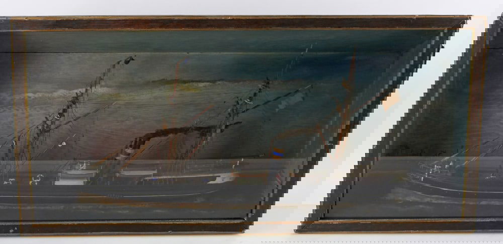 19th/20thC Early Steamship with Sails in Shadow Box: Late 19th/early 20th century early steamship with sails, in shadow box frame, 16" x 33" x 8". Provenance: The Susie Hilfiger Collection.