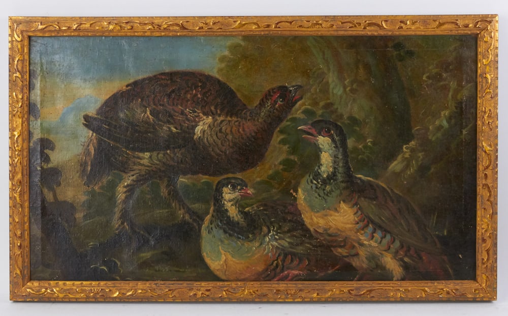 18th/19thC, Attributed to Crivellone, Pheasant in Landscape: 18th/19th century, attributed to Angelo Maria Crivelli, pheasant in a wooded landscape, oil on canvas, 15 1/2" x 27 1/2", framed 16" x 28". Provenance: The Susie Hilfiger Collection.
