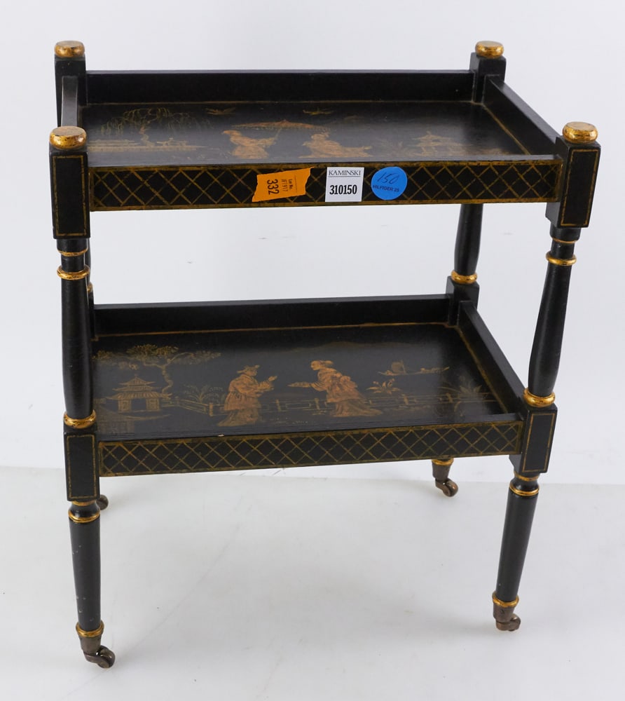 Japanned Vintage Brandy Table, Style of Maison Jensen: Japanned vintage brandy table on caster feet, attributed in the style of Maison Jensen, 18" H x 15" W x 9" D. Provenance: The Susie Hilfiger Collection.