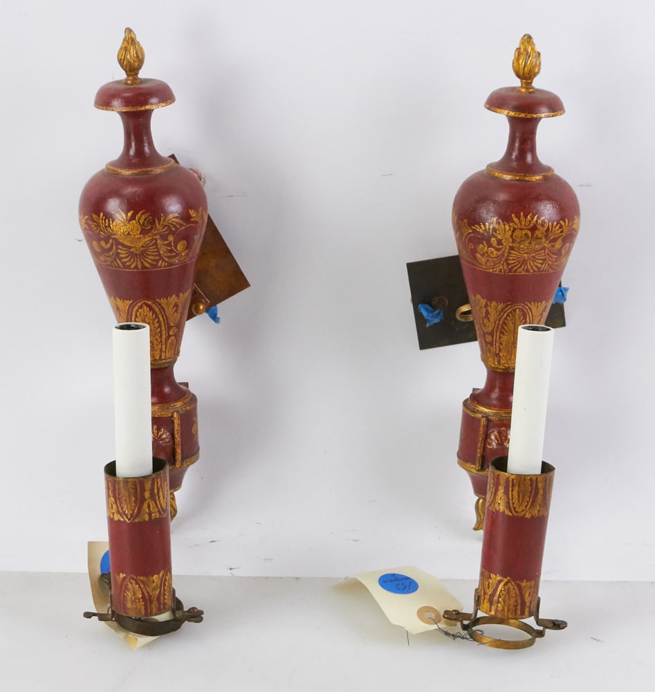 Pair of Early Tole Red Decorated Sconces (1 of 7)