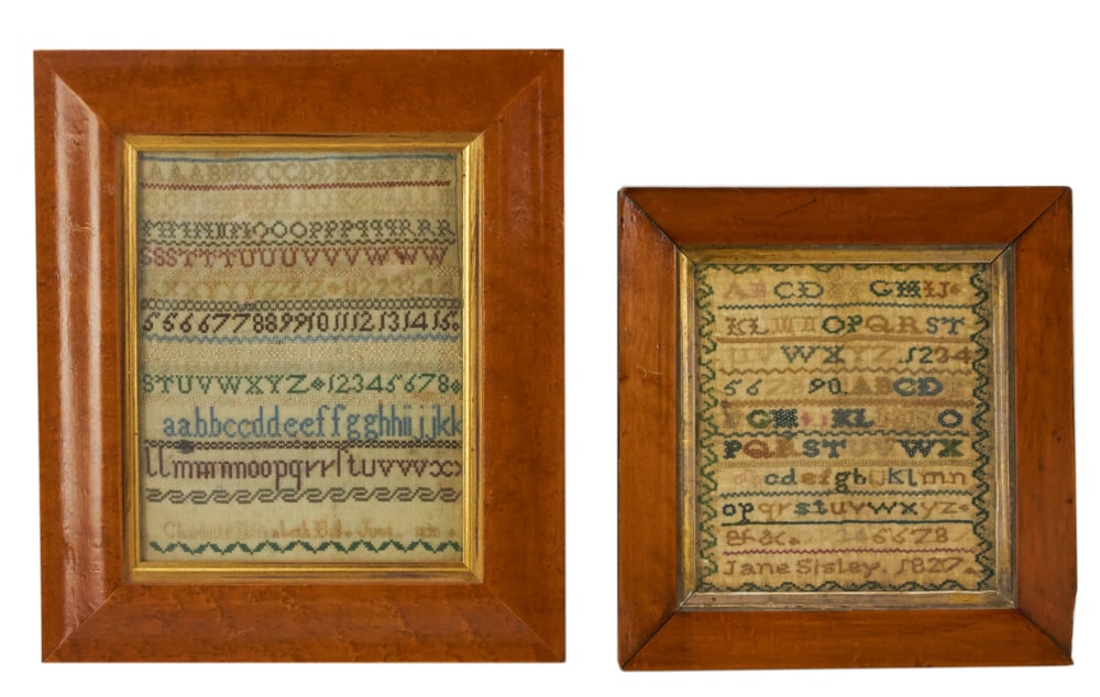1820 and 1827 Needlepoint Samplers: 1820 and 1827 needlepoint samplers by Charlotte Elizabeth Bull, Jane Sisley, in birdseye frames, 8 1/2" x 8" and 11" x 9 1/2". Provenance: The Susie Hilfiger Collection.