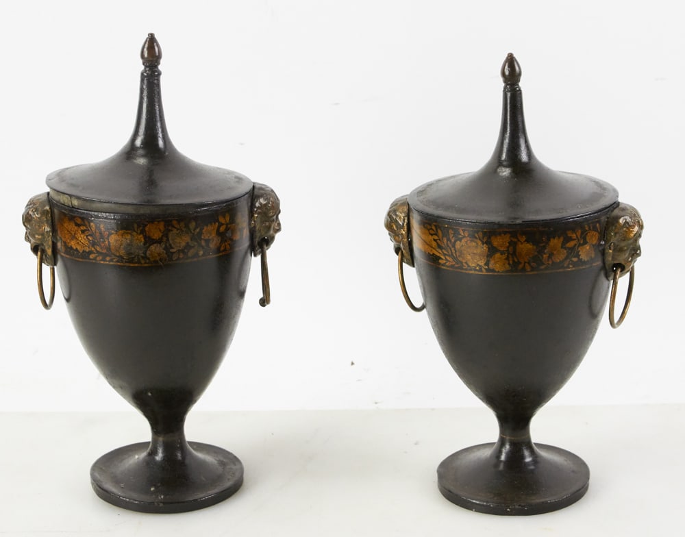 Pair of Tole Ware Covered Urns: Pair of tole ware covered urns, 12" x 7". Provenance: The Susie Hilfiger Collection.