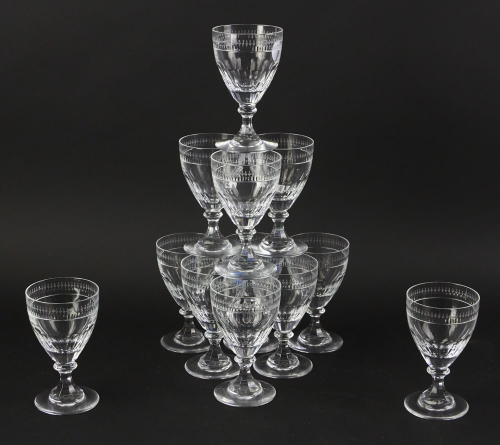 William Yeoward "Gloria" Cut Crystal Wine Glasses: William Yeoward - Jenkins "Gloria" cut crystal wine glasses 5 1/2", (12) total. Good condition. Provenance: The Susie Hilfiger Collection.