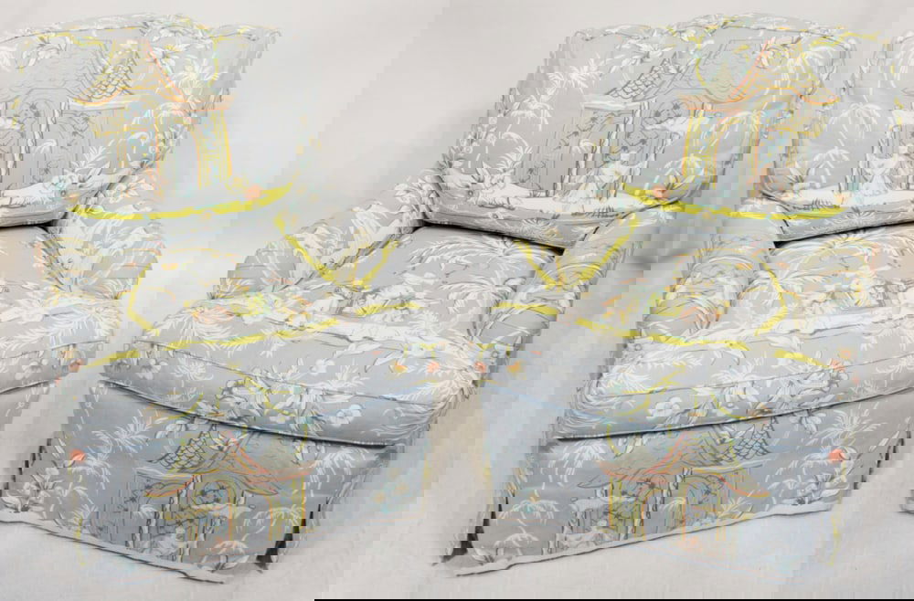 Pair of Custom Upholstered Armchairs in Asian Motif (1 of 9)