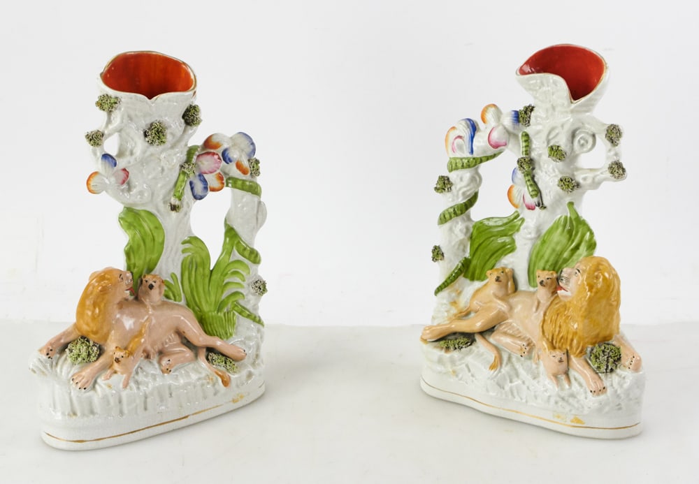 Pair of 19thC English Staffordshire Lion Vases (1 of 6)