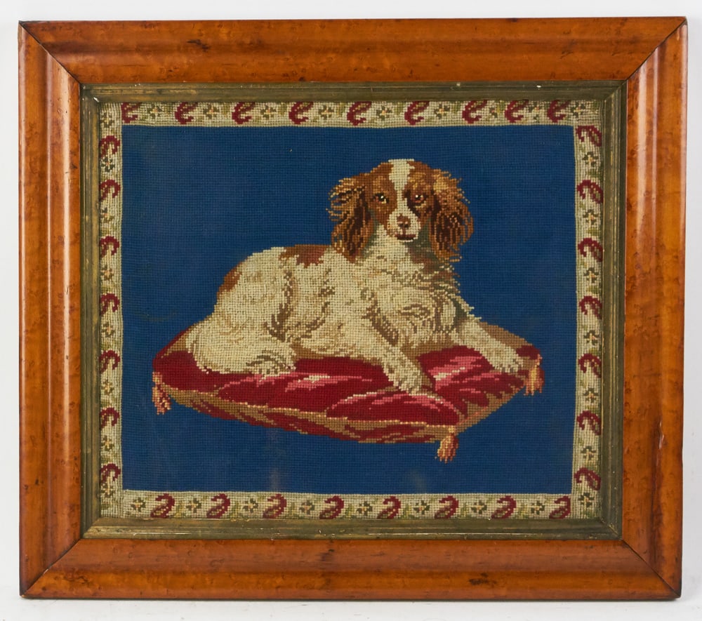 Mid-19thC Needlework of Spaniel on Pillow (1 of 7)