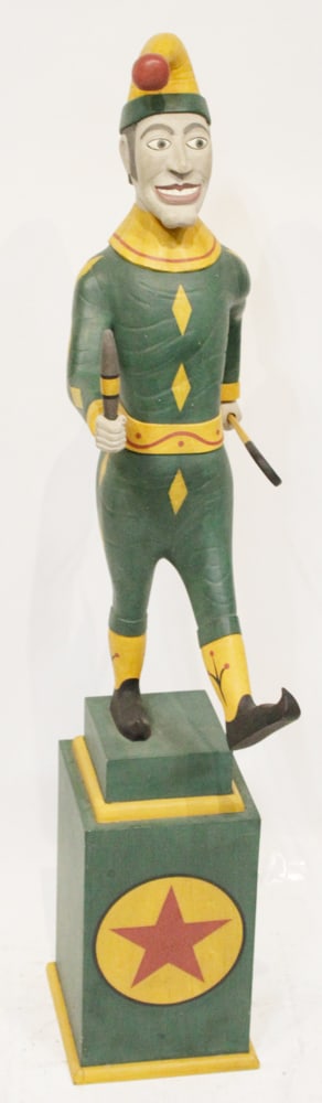 Folk Art Full Standing Figure of Jester, Painted Wood: Folk Art full standing figure of a jester, painted wood, 47" H x 13" W x 8" D. Provenance: The Susie Hilfiger Collection.