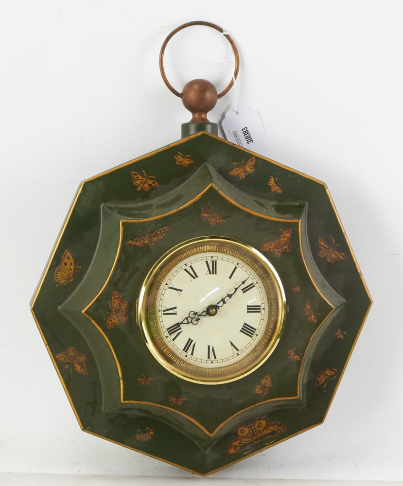 Tole Wall Clock, Green with Gold Butterfly Trim, With Key (1 of 9)