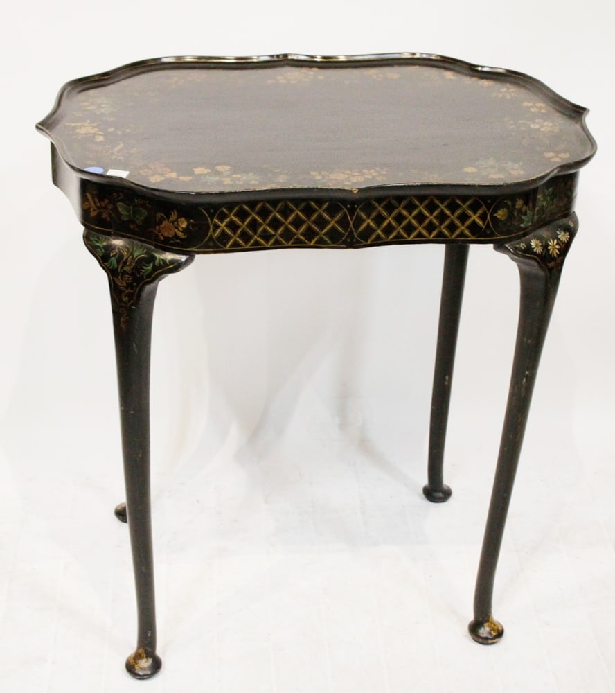 Queen Anne Style Black Lacquered Tea Table: Queen Anne style black lacquered tea table having floral design, 31" H x 31" W x 22" D. Provenance: The Susie Hilfiger Collection.