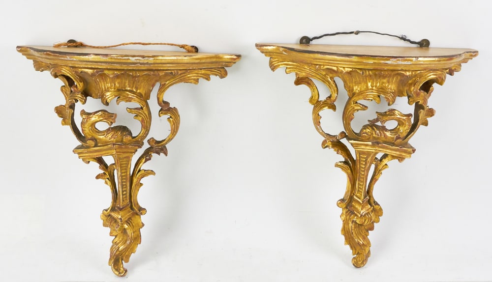 Pair of 19thC Venetian Giltwood Shelves: Pair of 19th century Venetian giltwood shelves, 14" x 12" x 5". Provenance: The Susie Hilfiger Collection.