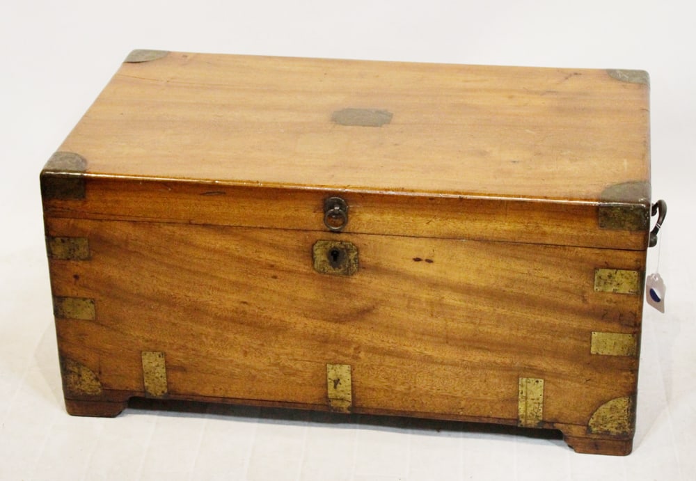 Early 19thC China Trade Campaign Chest: Early 19th century China Trade campaign chest, camphorwood and brass bound, 17" H x 36" W x 20" D. Provenance: The Susie Hilfiger Collection.