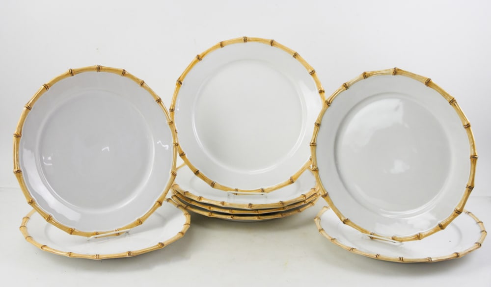 Juliska "Classic Bamboo" Porcelain Chargers: Juliska "Classic Bamboo" porcelain service plates/chargers, Portugal, 14" diameter, (8) total. Provenance: The Susie Hilfiger Collection.