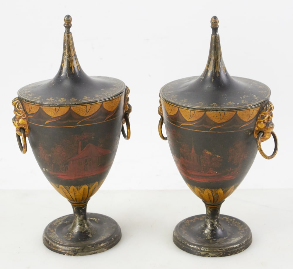 Pair of Antique Tole-decorated Pewter Urns (1 of 13)