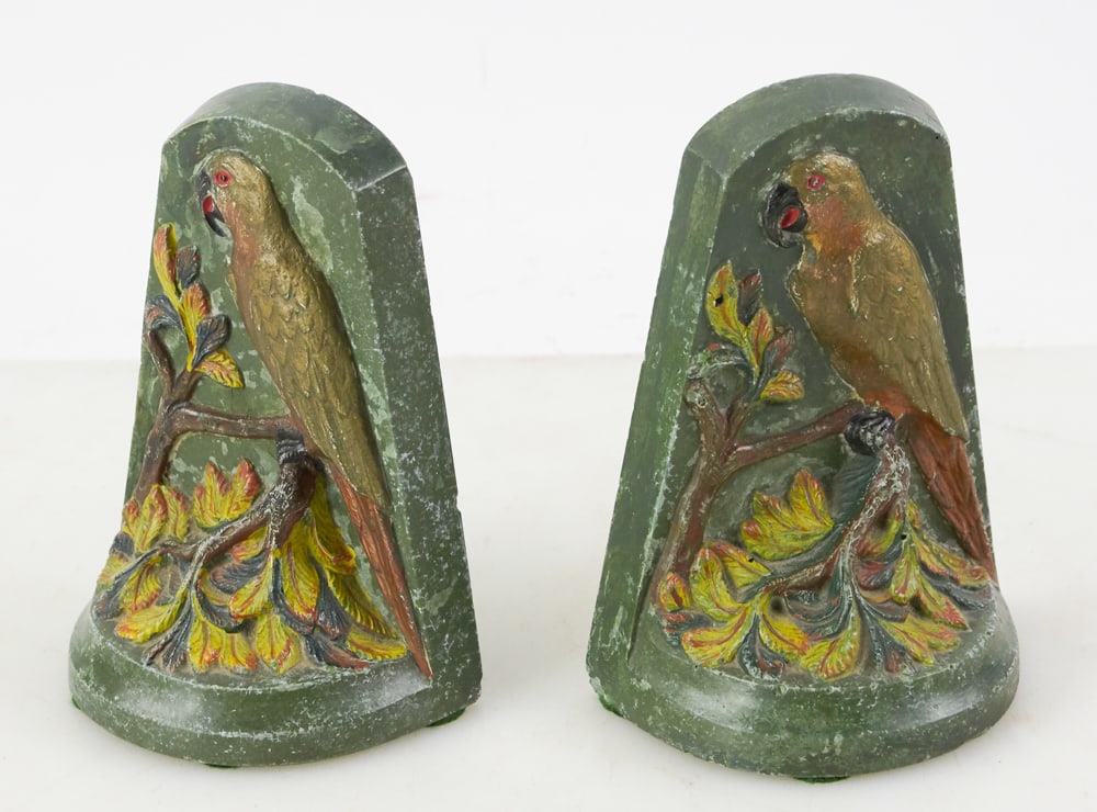 Pair of Parrot Bookends: Pair of parrot bookends, 6 1/2" x 5". Provenance: The Susie Hilfiger Collection.