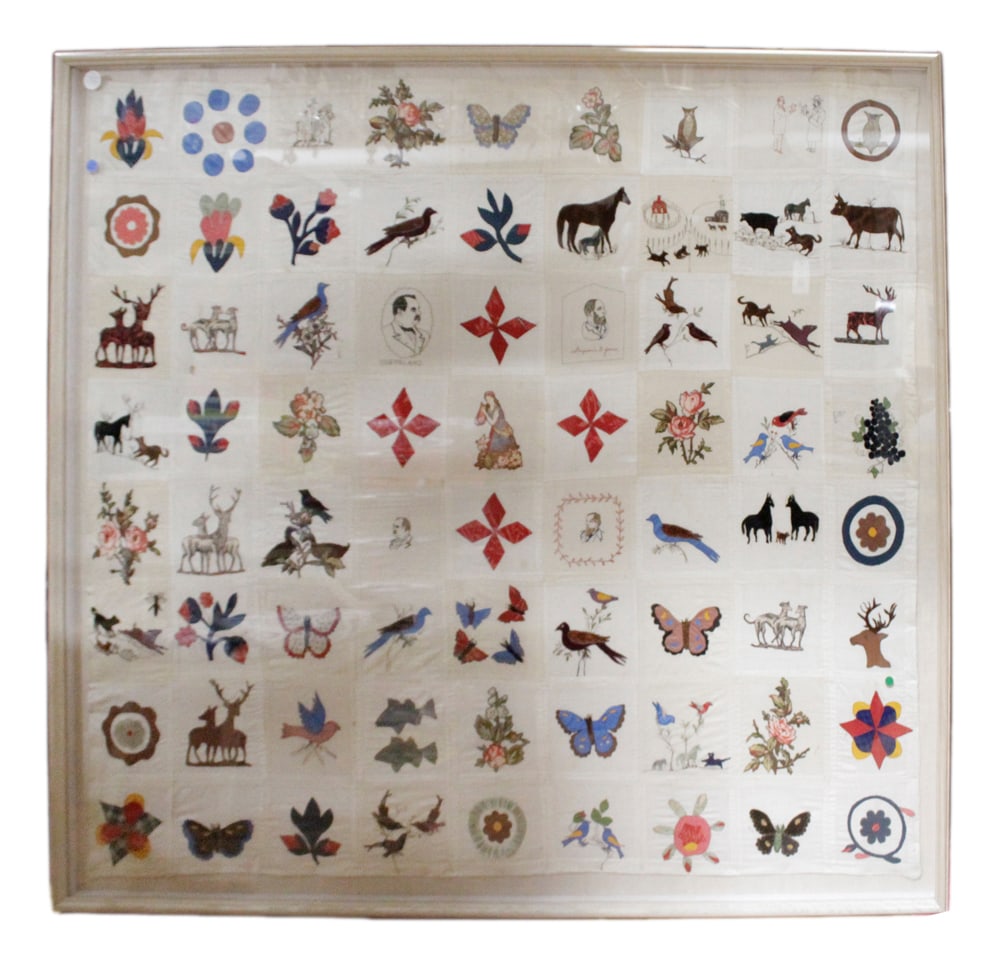Grover Cleveland and Benjamin Jones Folk Art Needlework Quilt: President Grover Cleveland and Benjamin F. Jones political album coverlet Folk Art needlework quilt, mounted in frame 67" x 76". Bonham's provenance. Provenance: The Susie Hilfiger Collection.