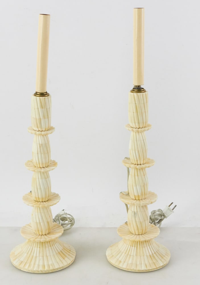 Pair of Vintage Carved Bone Lamps: Pair of vintage carved bone lamps, 21" x 5 1/2". Provenance: The Susie Hilfiger Collection.