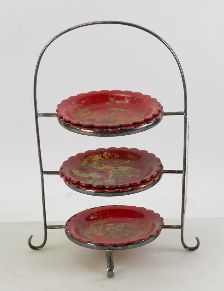 Vintage Muffin Stand with Red Chinoiserie Dishes: Vintage muffin stand with (5) red chinoiserie dishes, 16" x 9 1/2". Provenance: The Susie Hilfiger Collection.