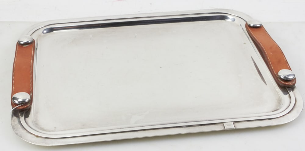 Silverplate Tray with Leather Handles, Signed Hermes, Paris (1 of 8)