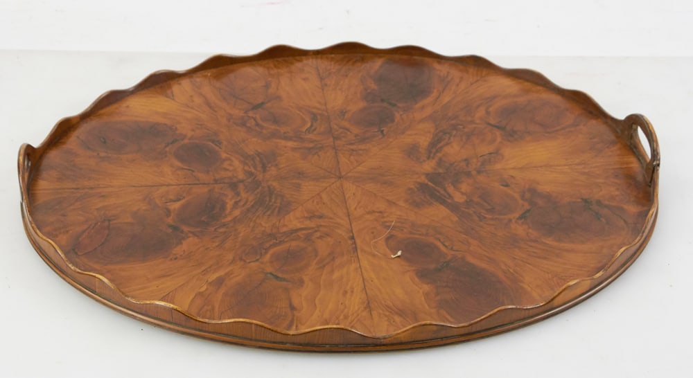 English Burlwood Tray: English burlwood tray, 17" x 21". Provenance: The Susie Hilfiger Collection.