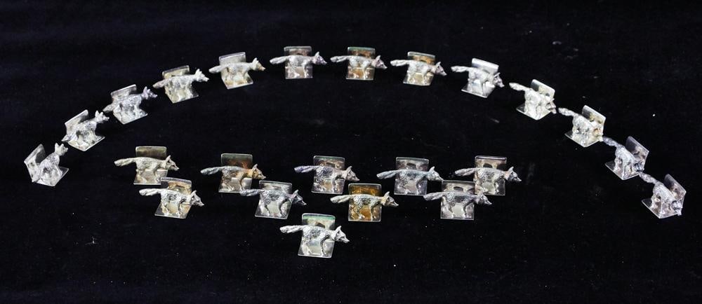 English Sterling Fox Figure Place Card Holders: English sterling fox figure place card holders, (23) total. Approximately 14.7 troy oz TW. Provenance: The Susie Hilfiger Collection. PLEASE NOTE: payment for silver, gold, jewelry, and coins must be