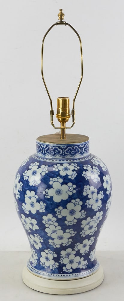 19thC Chinese Blue and White Floral Jar Lamp: 19th century Chinese blue and white floral jar lamp, 28" x 9". Working. Provenance: The Susie Hilfiger Collection.