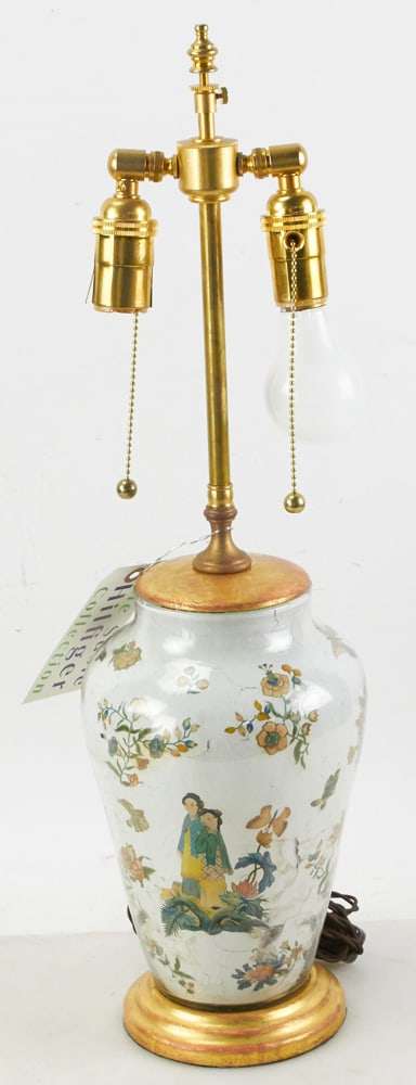 Decoupage Lamp: Decoupage lamp, 24" x 6 1/2". Working. Provenance: The Susie Hilfiger Collection.
