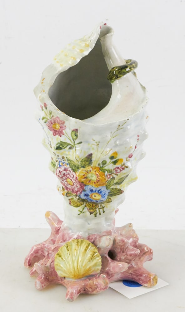 Old Majolica Conch Shell: Old majolica conch shell, 12" x 6". Provenance: The Susie Hilfiger Collection.