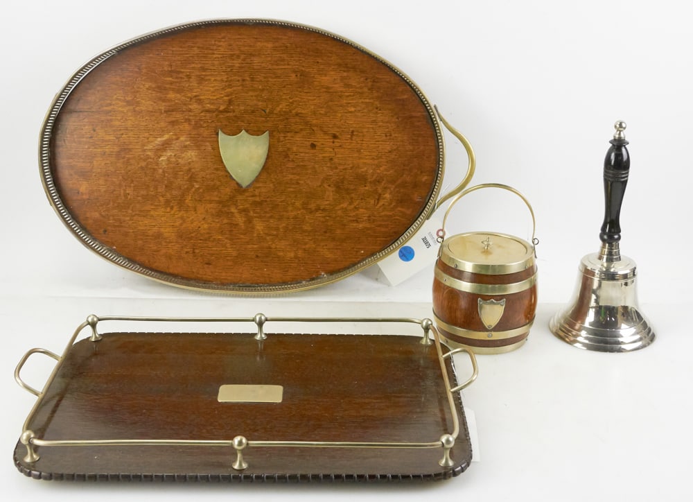 English Trays, Tobacco Barrel, Bell: English trays and tobacco barrel with bell, larger tray 26". Provenance: The Susie Hilfiger Collection.