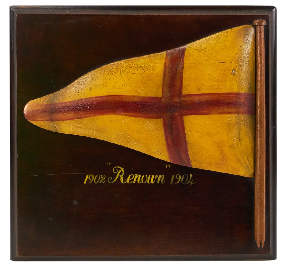 1902 "Renown" 1904 Burgee Flag Plaque: 1902 "Renown" 1904 carved and painted Burgee flag plaque, 12" x 13". Provenance: The Susie Hilfiger Collection.