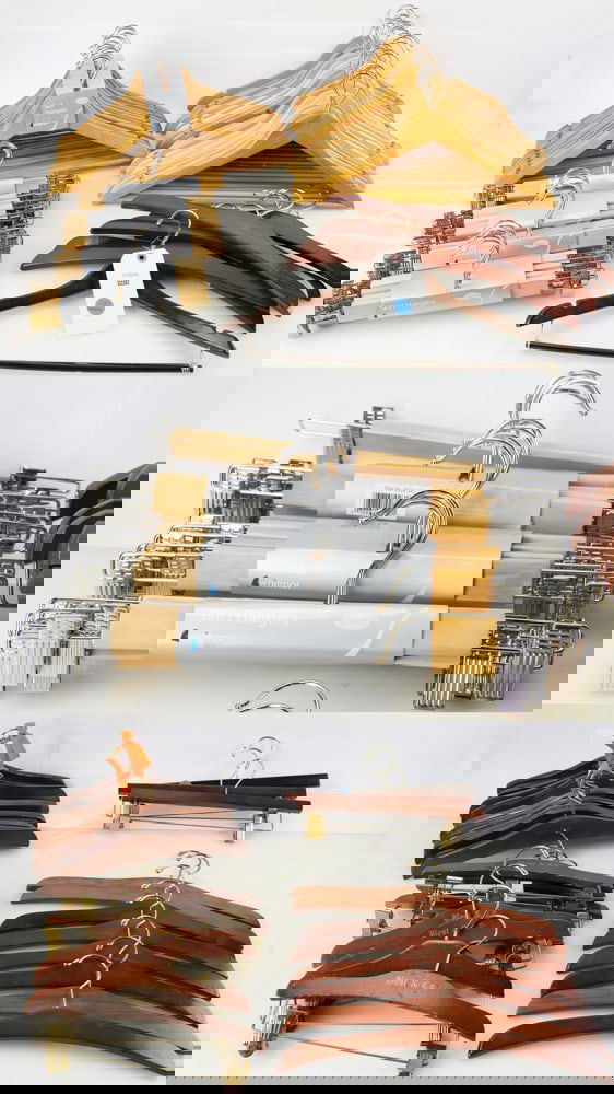 Box of Wooden and Other Coat Hangers: Box of wooden and other coat hangers. Provenance: The Susie Hilfiger Collection.