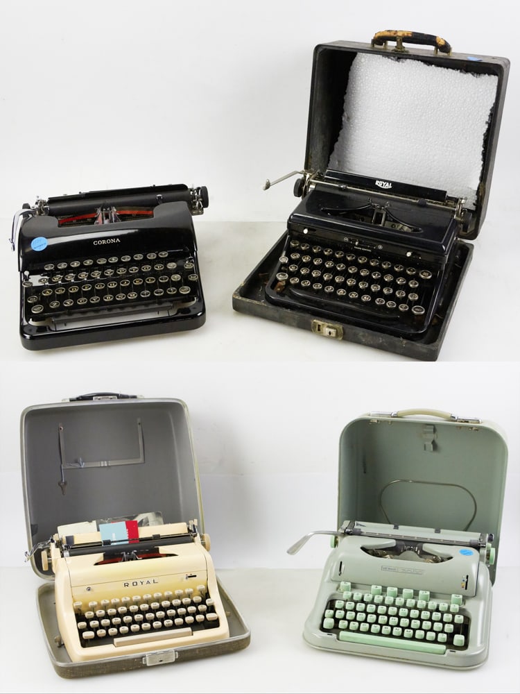 Old Typewriters, Roya, Carona, Hermes: Old typewriters, lot of (4), Royal, Carona, Hermes. Provenance: The Susie Hilfiger Collection.
